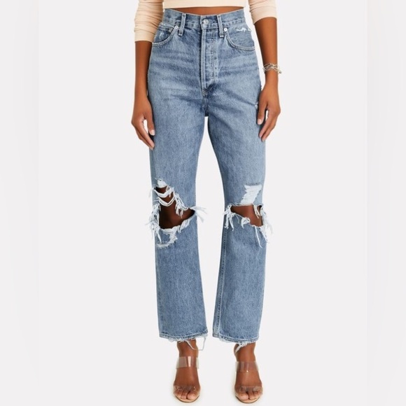 Agolde Blue Distressed Straight Leg Jeans - Picture 4 of 16